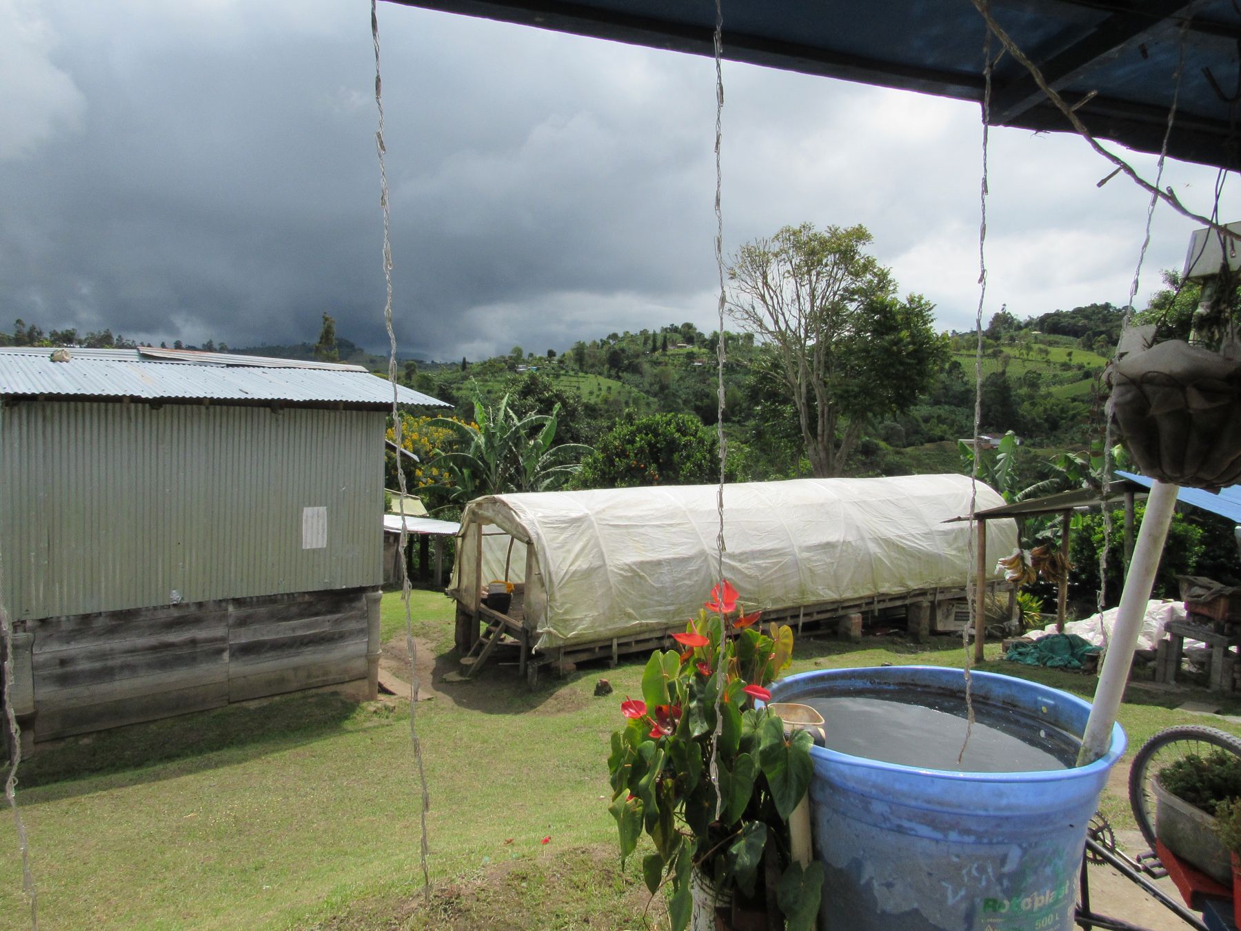 Almacenamiento de agua y cultivo protegido en una finca